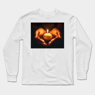 Small round candle burning held in hands Long Sleeve T-Shirt